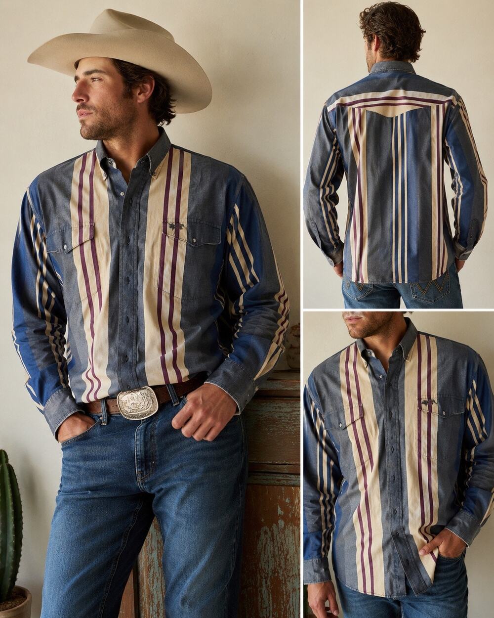 Vintage Lone Ross by Roper Western Men’s Large Blue Striped Pearl Snap Cowboy